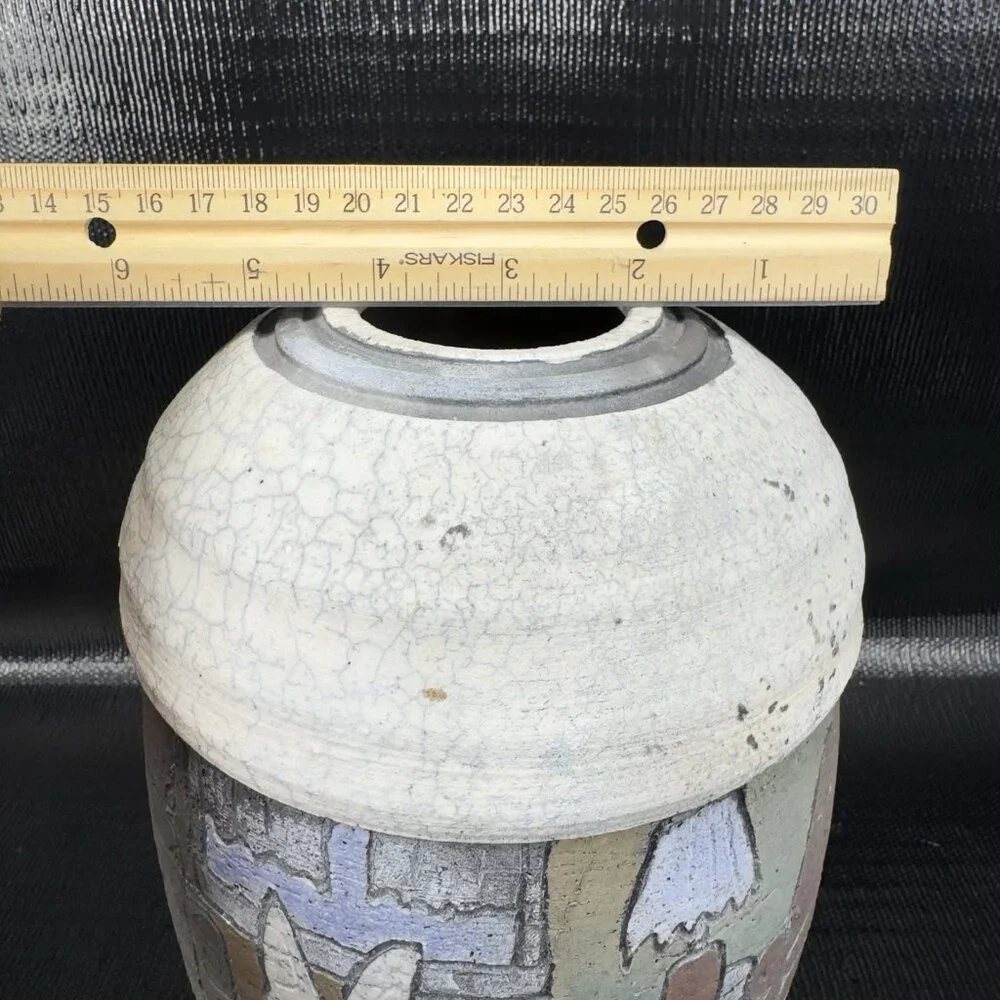 Vintage Hand Made Raku Pottery Large Vase Vessel Dog‎ Fish Couch Signed READ